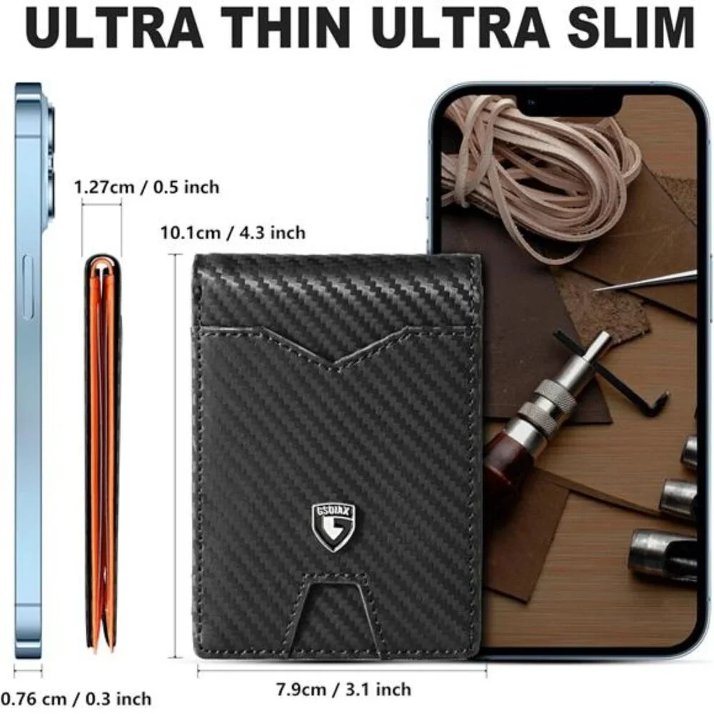 Slim Wallet for Men Rfid Blocking Leather Bifold Front Pocket Carbon Fiber